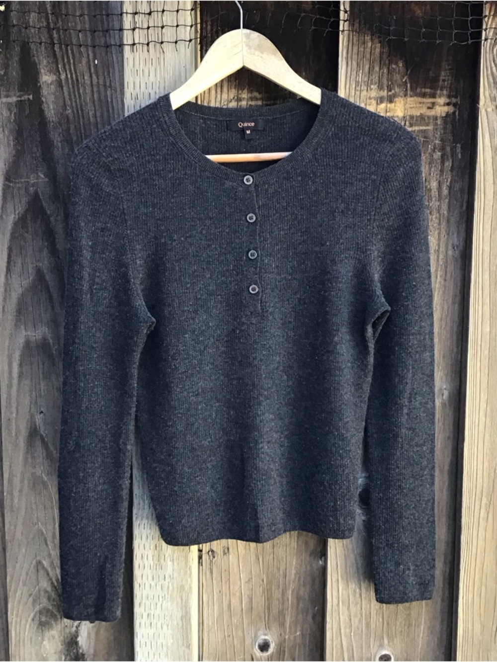 Quince 100% Cashmere Ribbed Henley Sweater Charcoal Gray Womens Medium